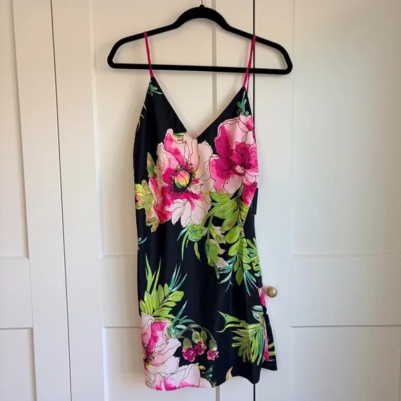 Natori Black Slip Nightgown with Pink Floral DesignS